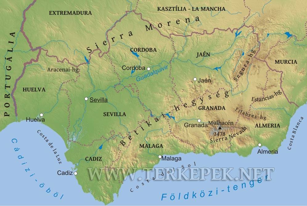 spanyolország domborzati térkép Andalúzia domborzati térképe spanyolország domborzati térkép