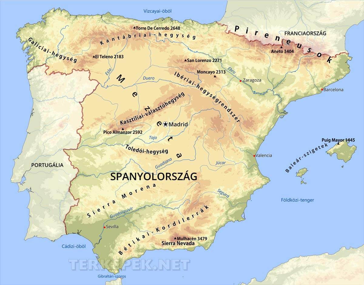 spanyolország domborzati térkép Spanyolország térképek spanyolország domborzati térkép